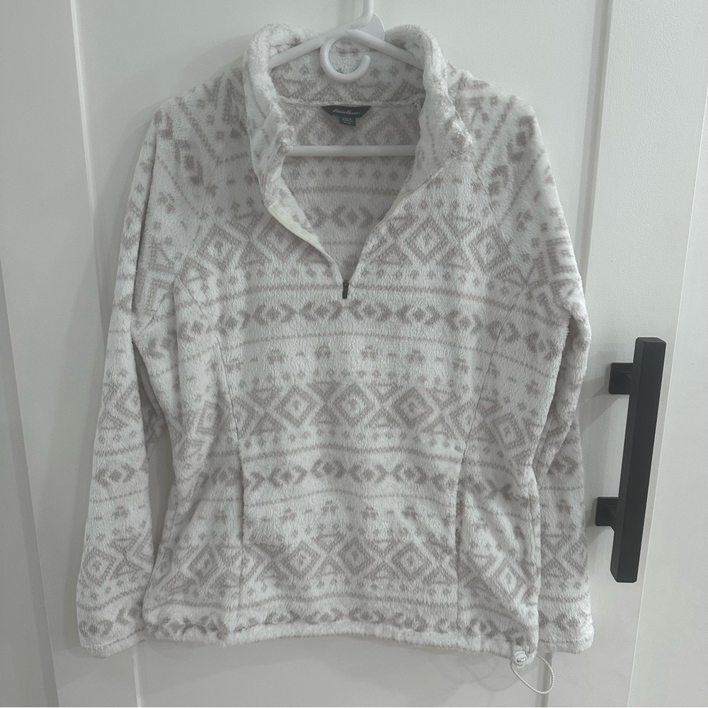 Eddie Bauer Aztec Tribal Print Plush Fleece 1/4 Zip Pullover XL Cream White